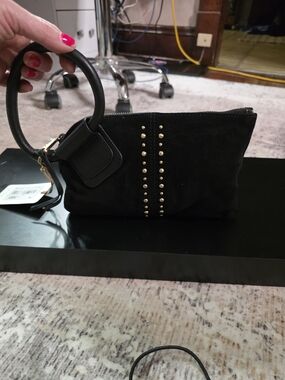 HOBO Black Suede Wristlet Clutch with Gold Studs